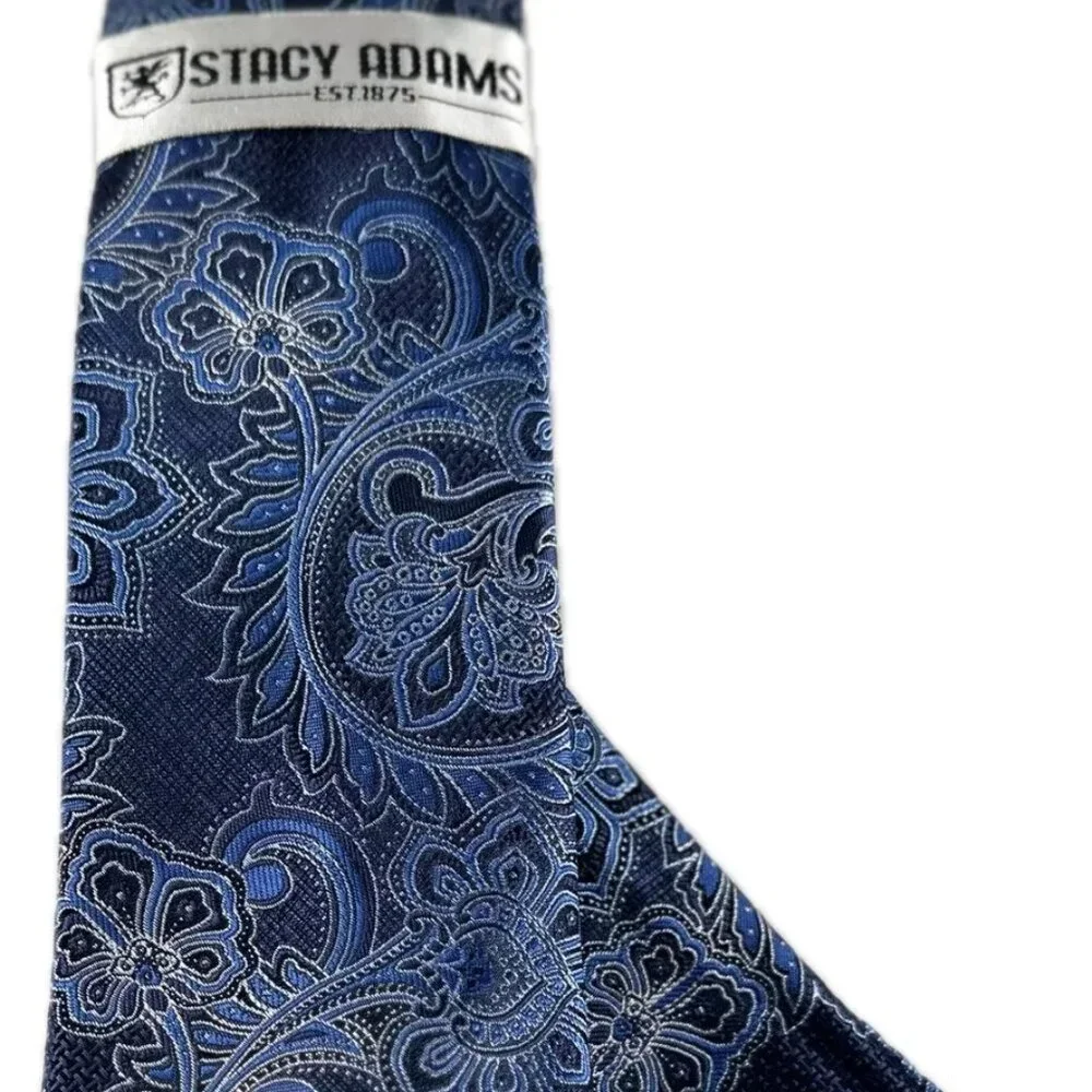 Stacy Adams Men's Tie & Hanky Navy Blue Royal Blue Silver Paisley 3.25